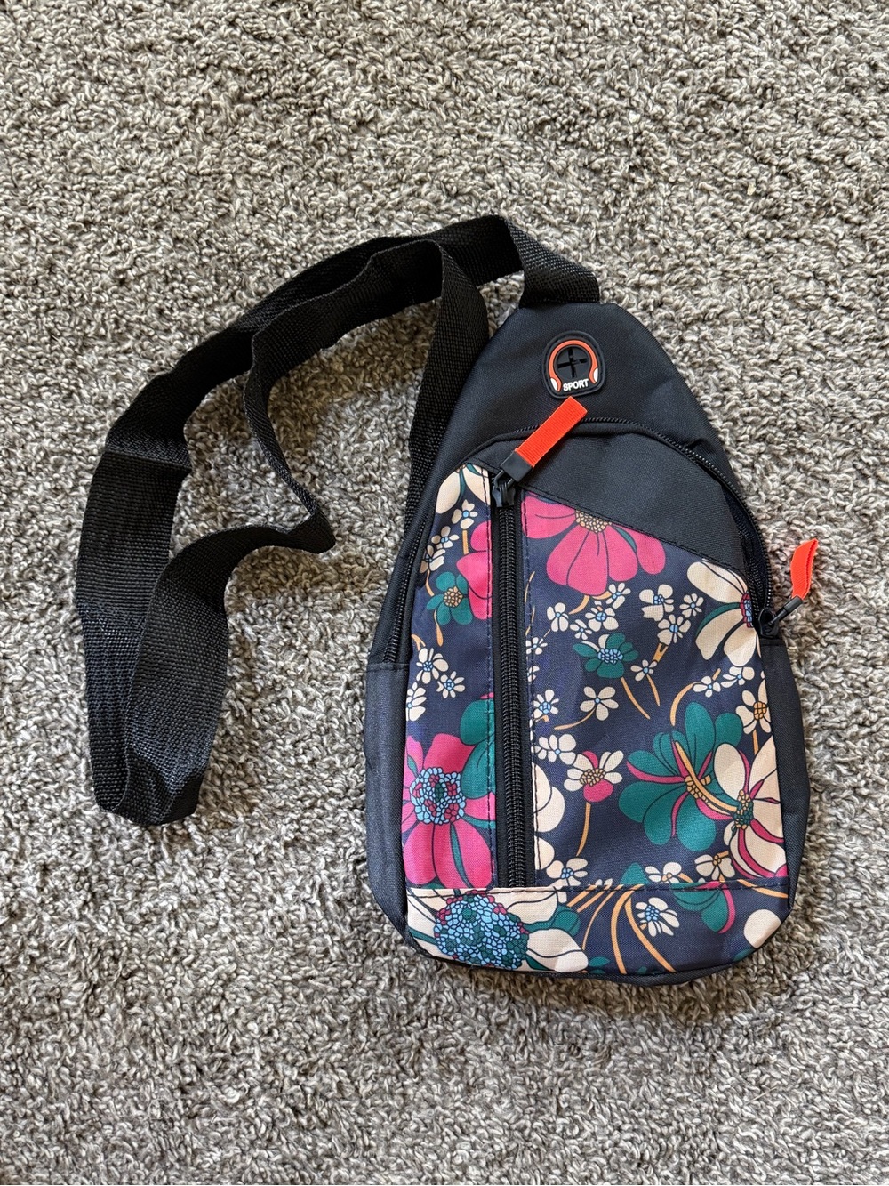 Floral Sling Crossbody Sport Bag - Black with Pink & Teal Flowers